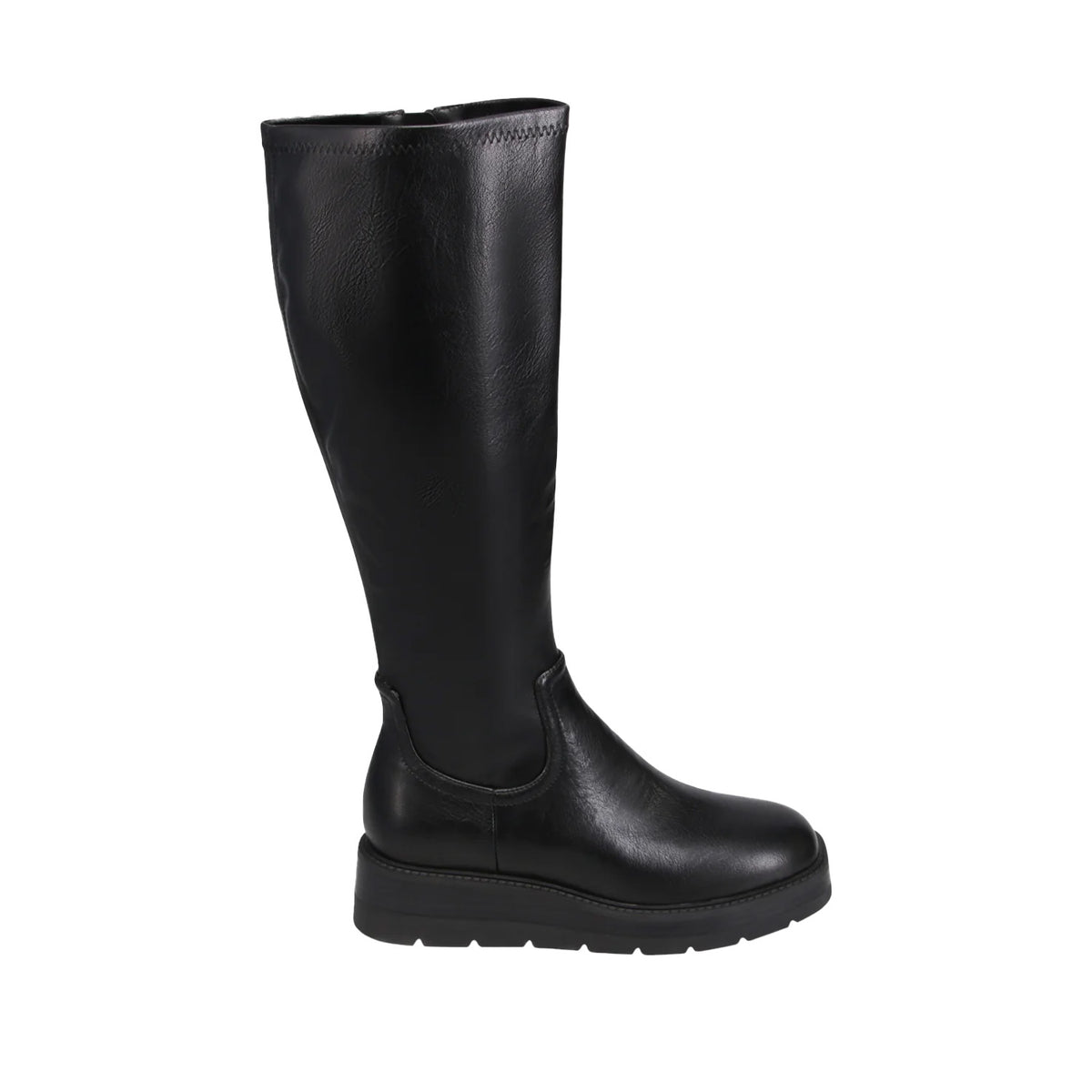black leather stretch knee-high platform lug-sole boot on a white background
