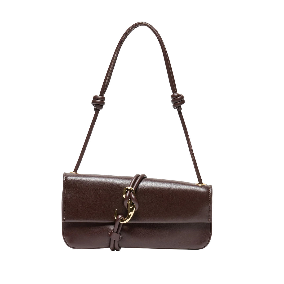 redish brown leather shoulder bag with gold hardware and knotted strap on a white background
