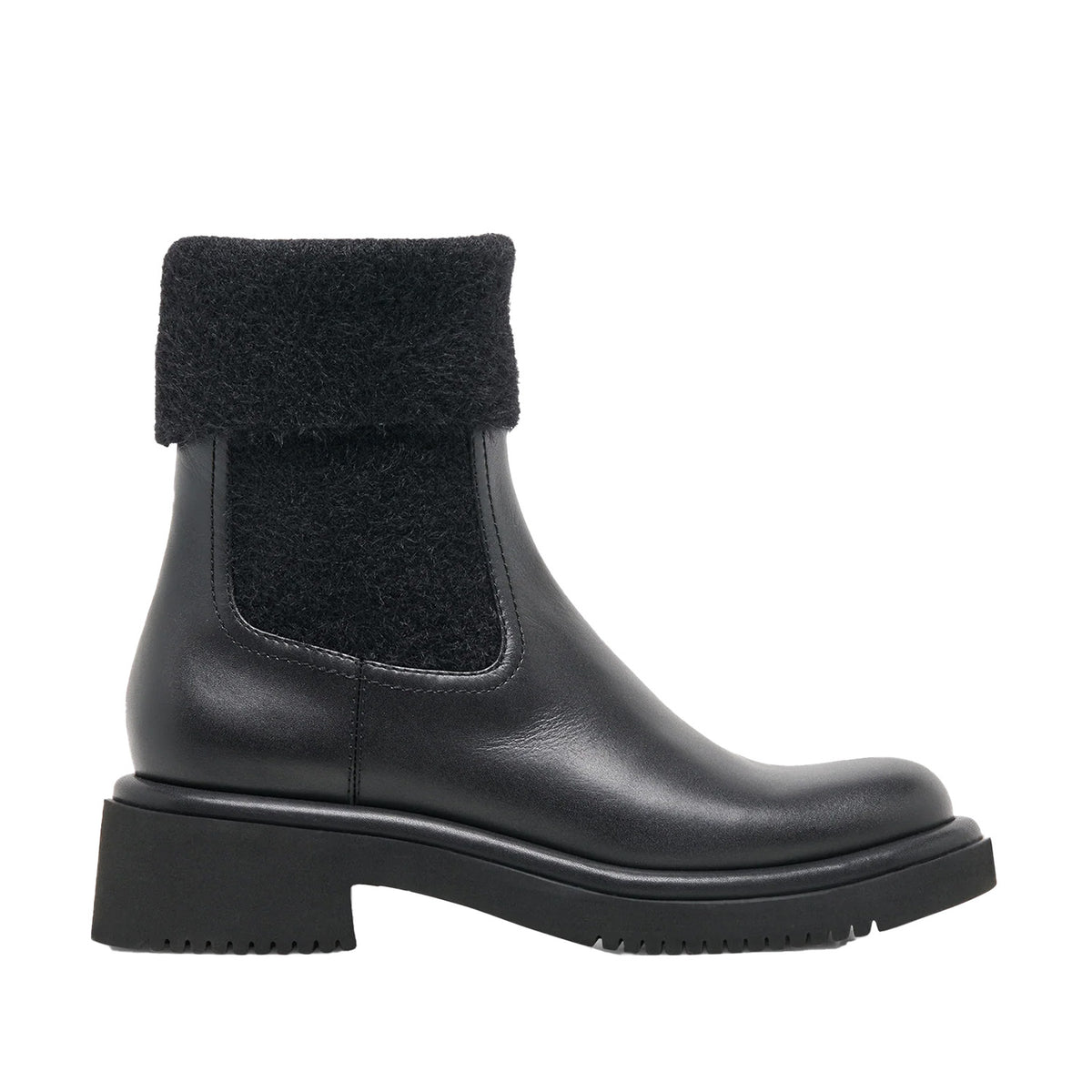 black leather roll-top ankle boot on a white background