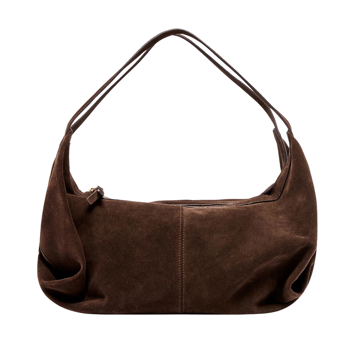 chocolate brown suede slouchy shoulder bag with dual straps on a white background
