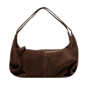 chocolate brown suede slouchy shoulder bag with dual straps on a white background