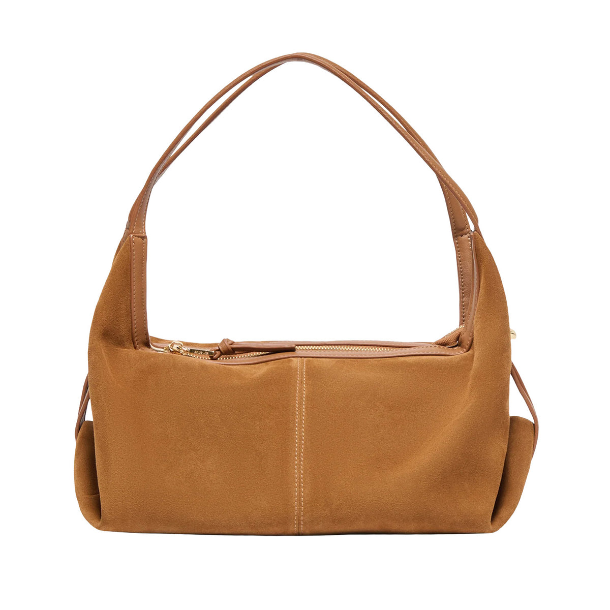 tan brown suede slouchy shoulder bag with dual straps on a white background