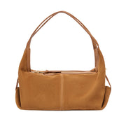 tan brown suede slouchy shoulder bag with dual straps on a white background