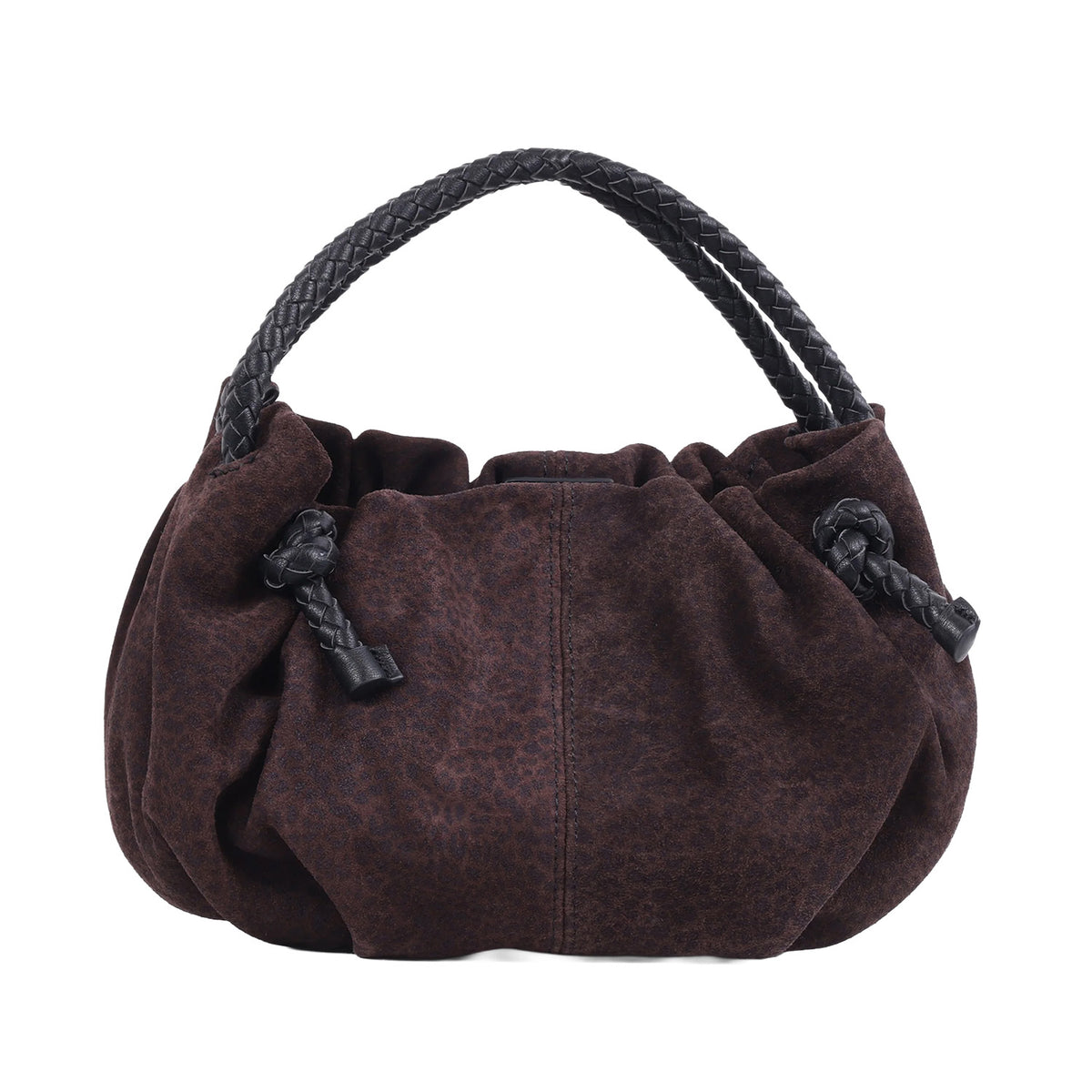 chocolate brown suede pouch bag with black braided leather top handle and crossbody strap on a white background