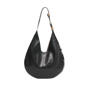 black leather round edge hobo shoulder bag on a white background