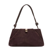 brown suede shoulder bag on a white background