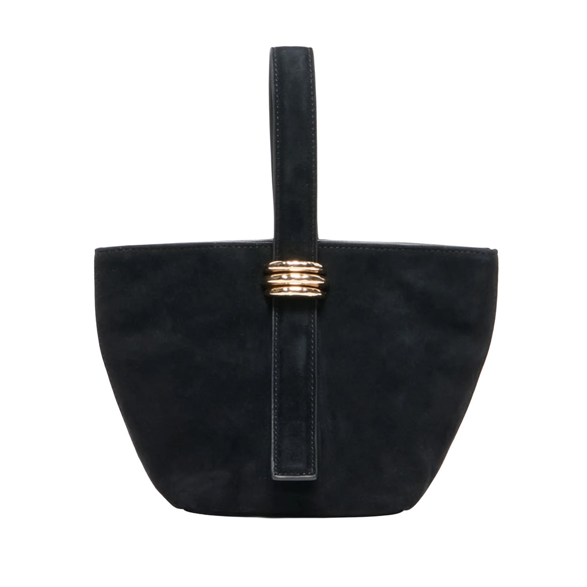 black suede mini bucket bag on a white background