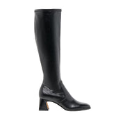 black leather knee-high heeled boot on a white background