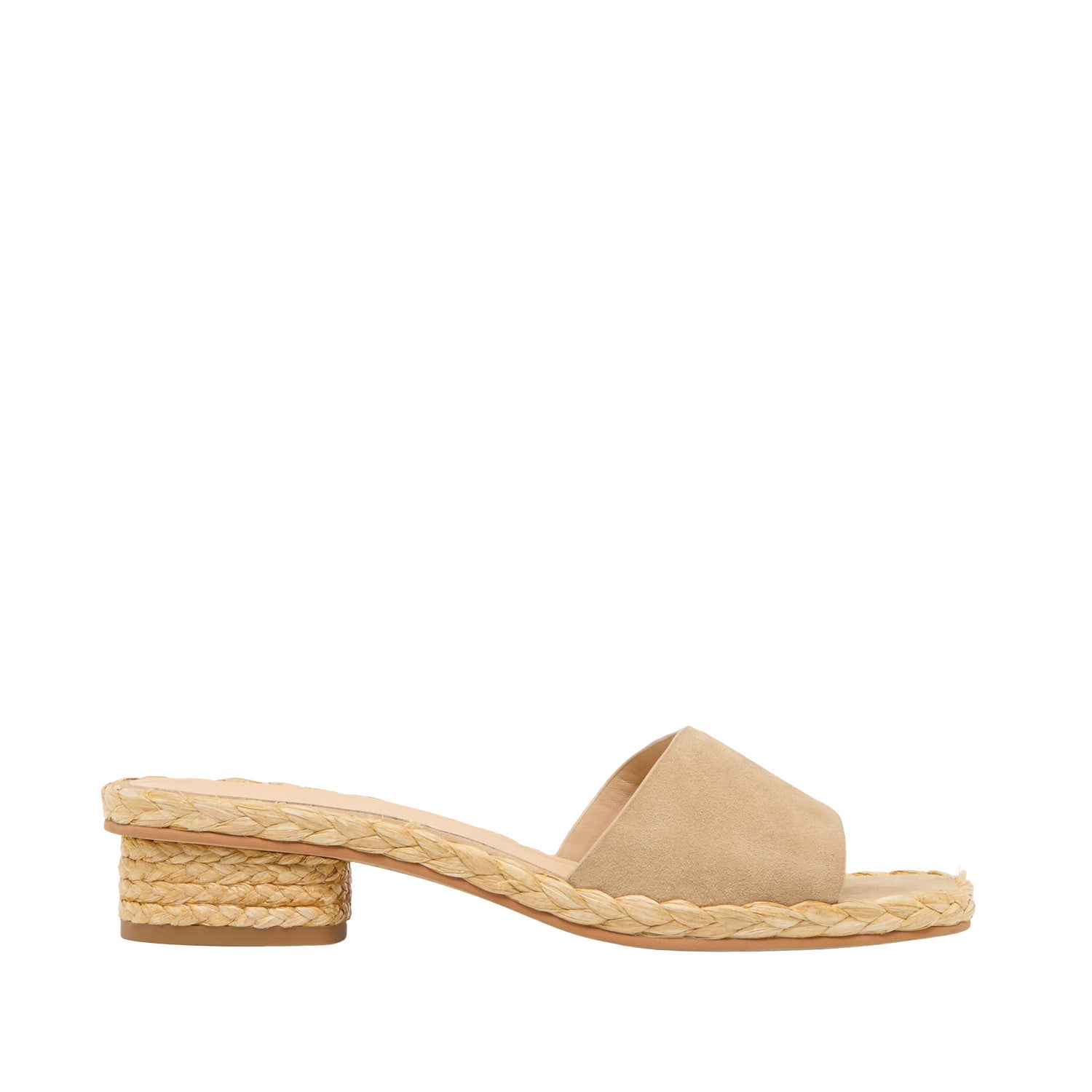 Beige sandal with woven sole on a white background