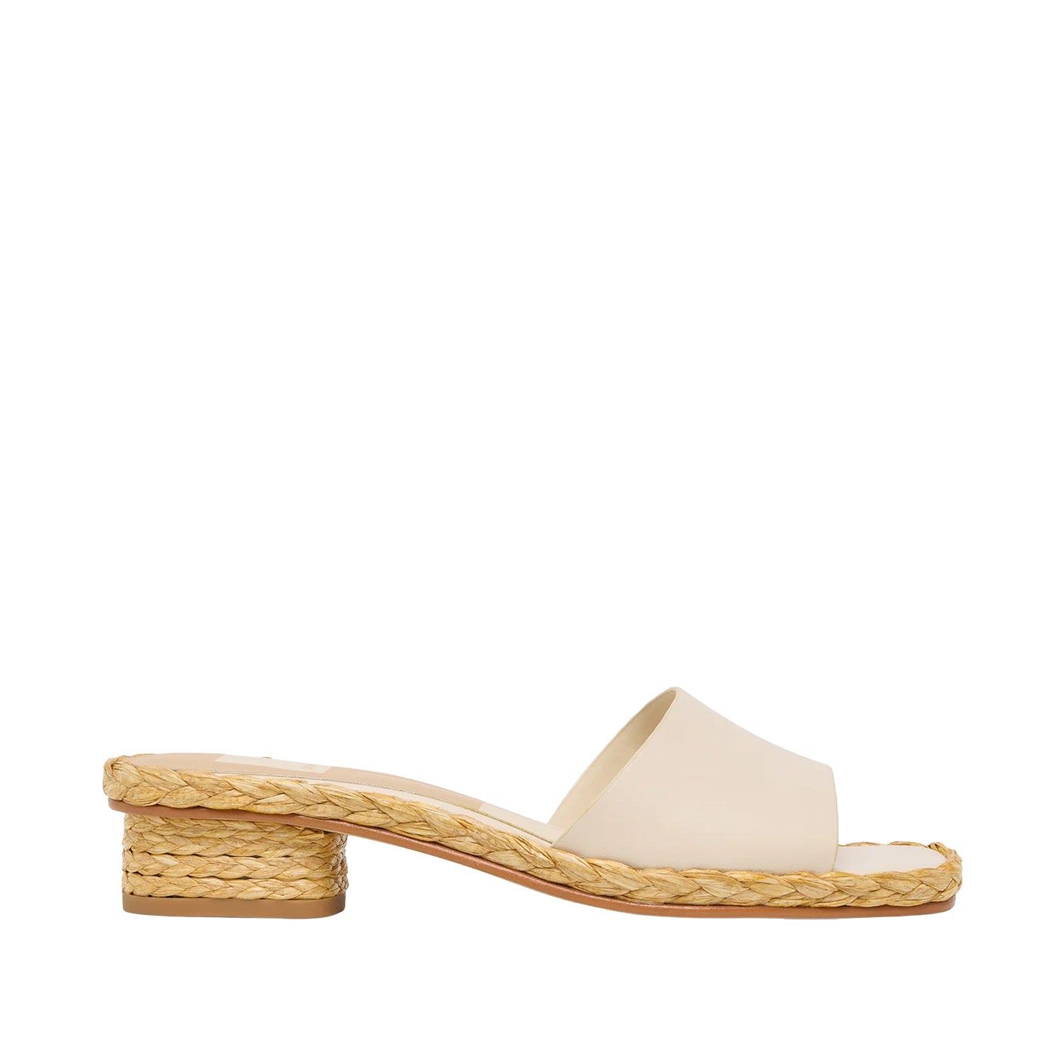 White sandal with woven sole on a white background