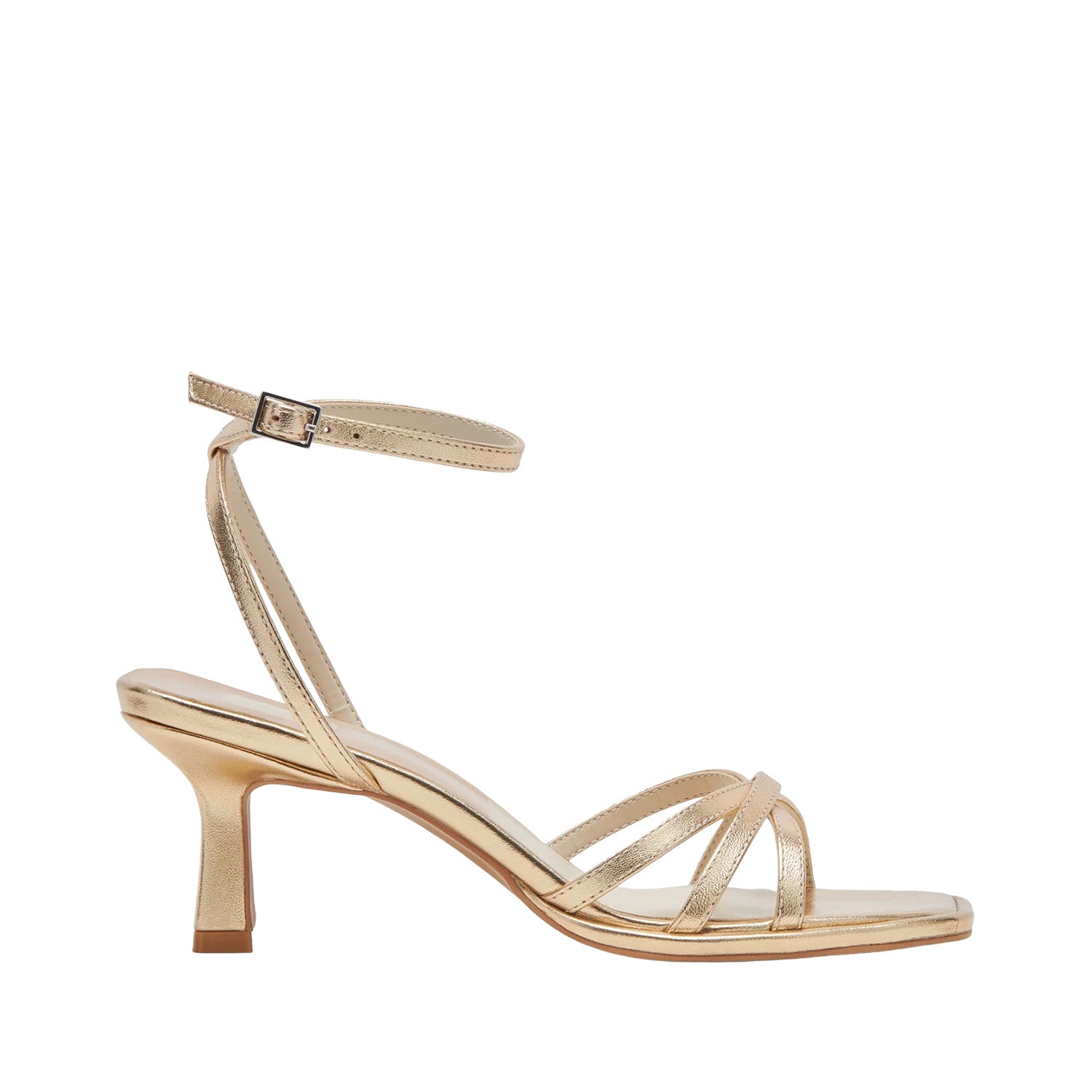 Gold high-heeled sandal on a white background