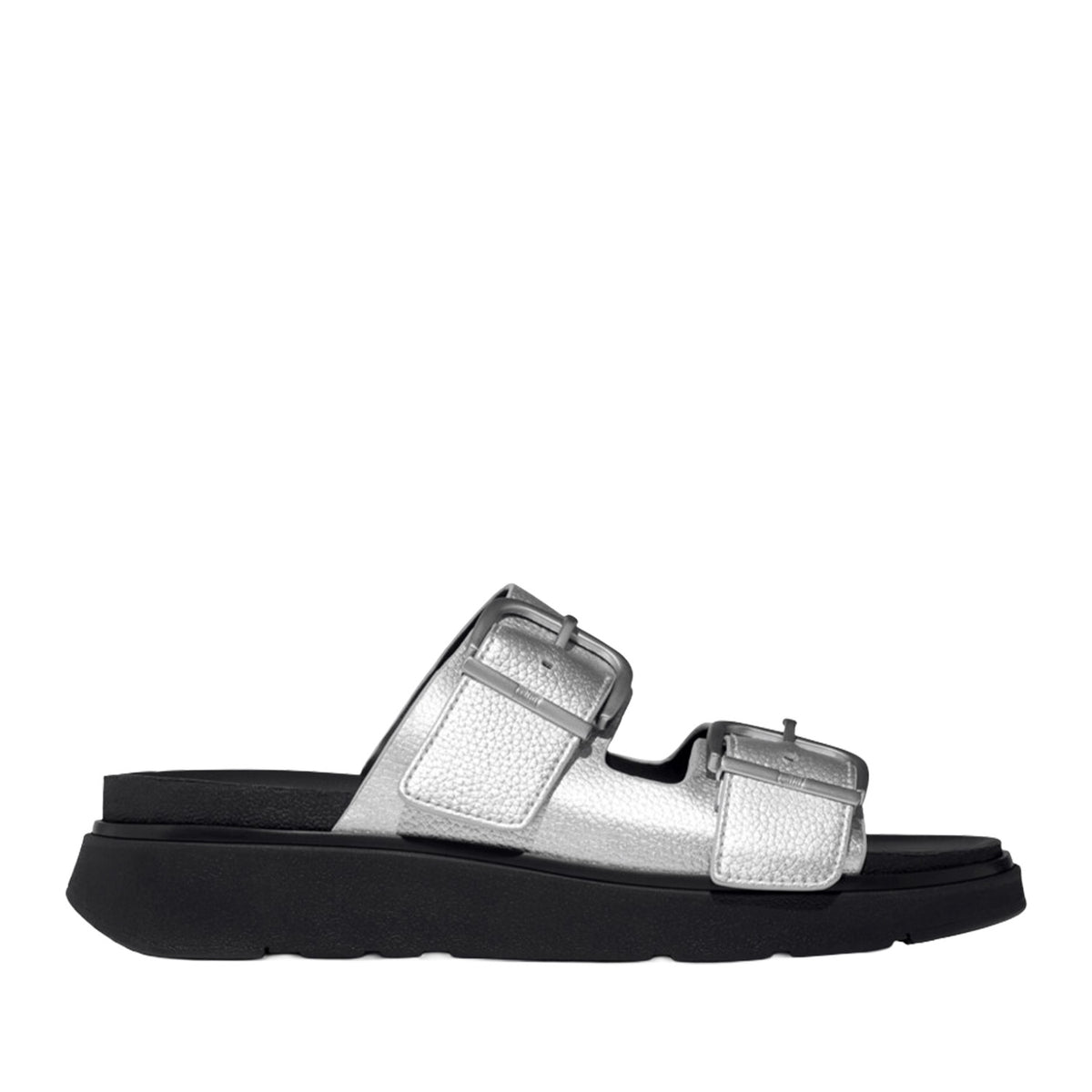 Fitflop Women's Gen-FF Buckle Metallic Tumbled-Leather Two-Bar Slides in Silver