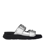 Fitflop Women's Gen-FF Buckle Metallic Tumbled-Leather Two-Bar Slides in Silver