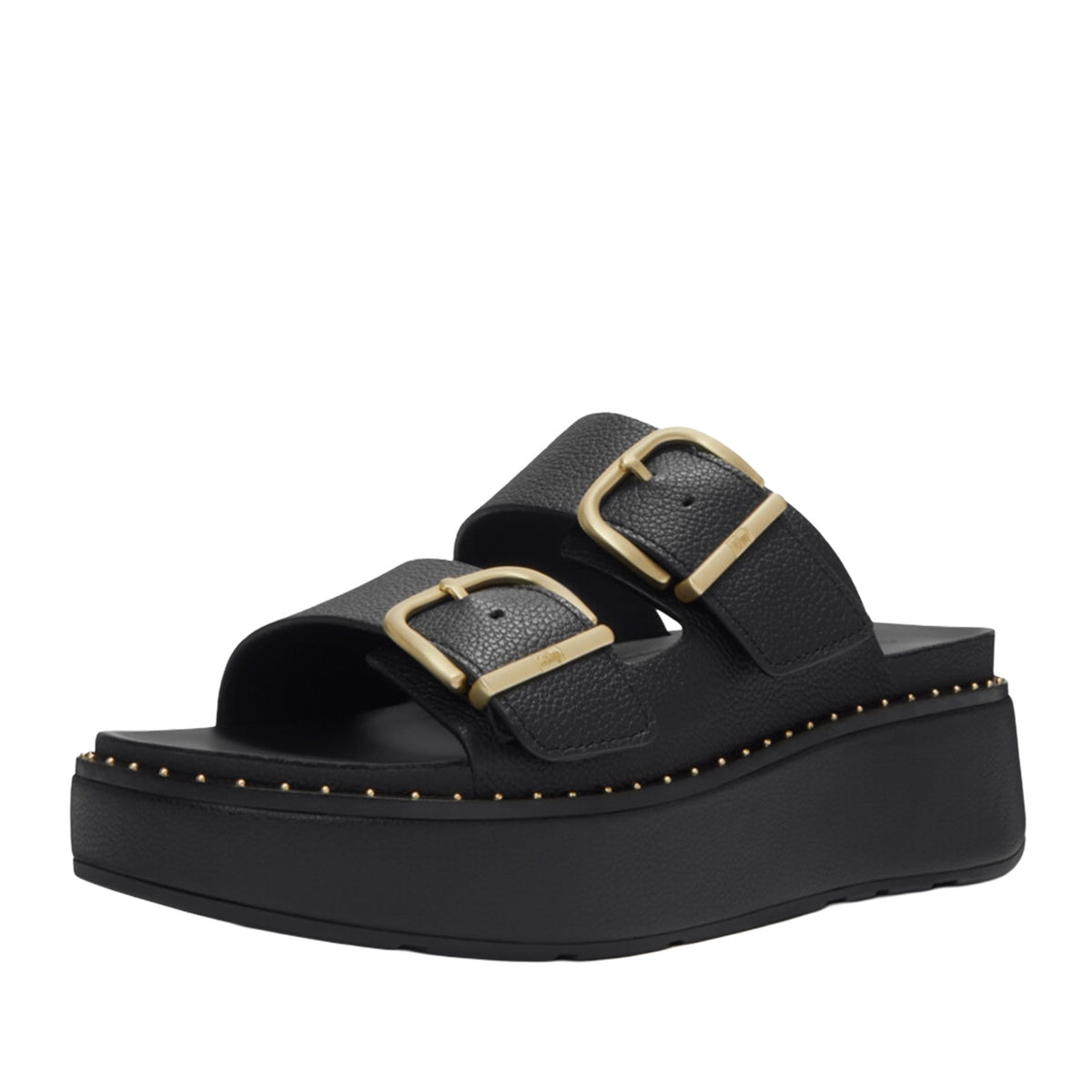 Fitflop Women's Gen-FF Max Buckle Tumbled-Leather Two-Bar Slides in All Black
