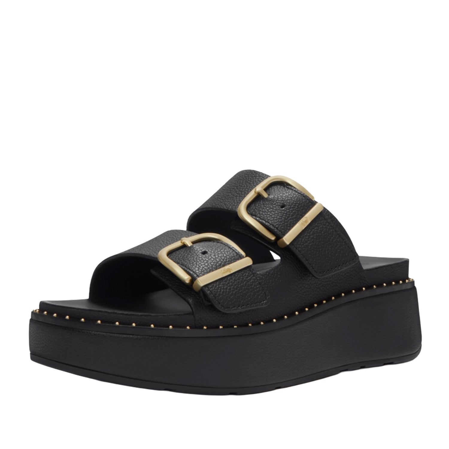Fitflop Women's Gen-FF Max Buckle Tumbled-Leather Two-Bar Slides in All Black