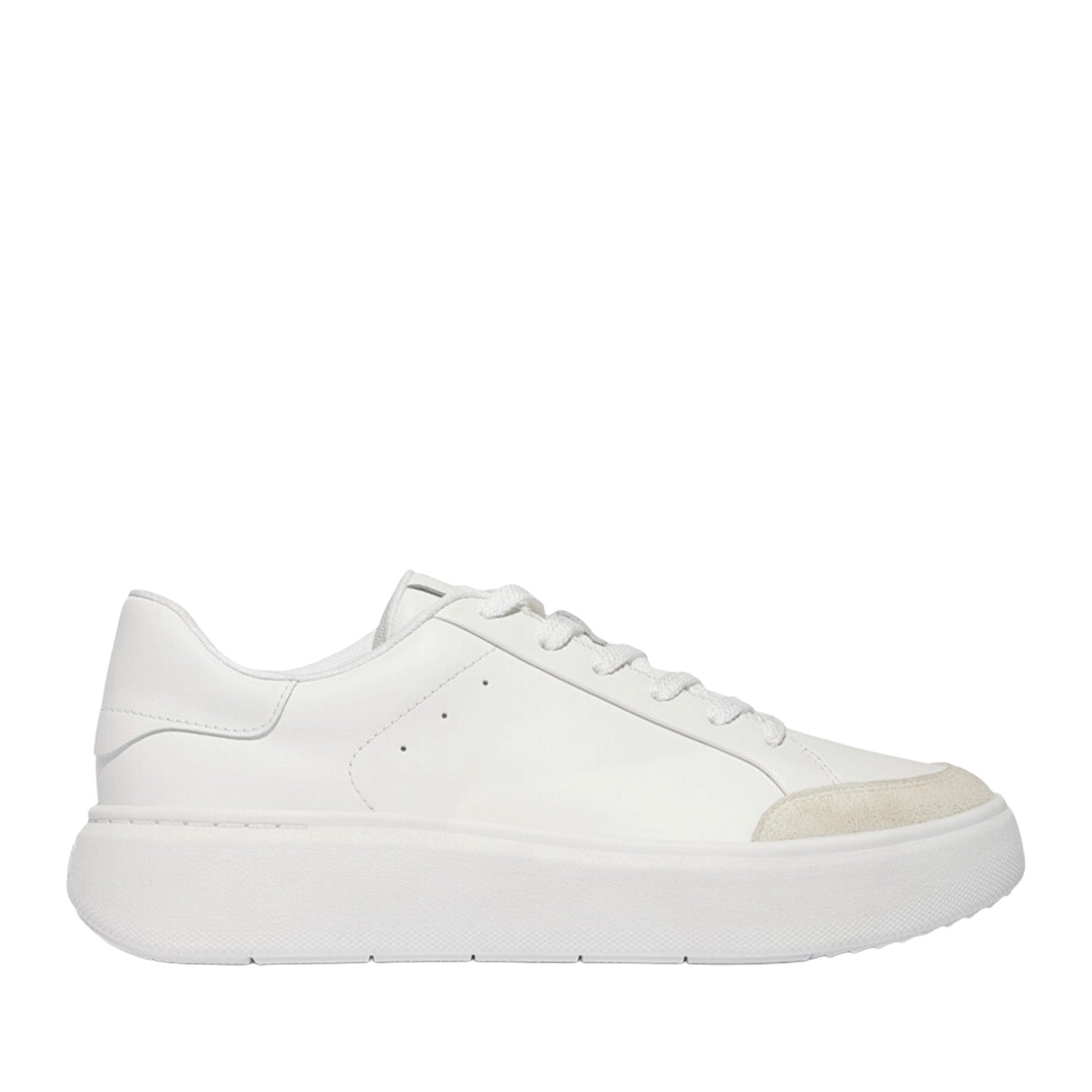 White leather lace-up fashion sneaker with beige suede detail at toe.