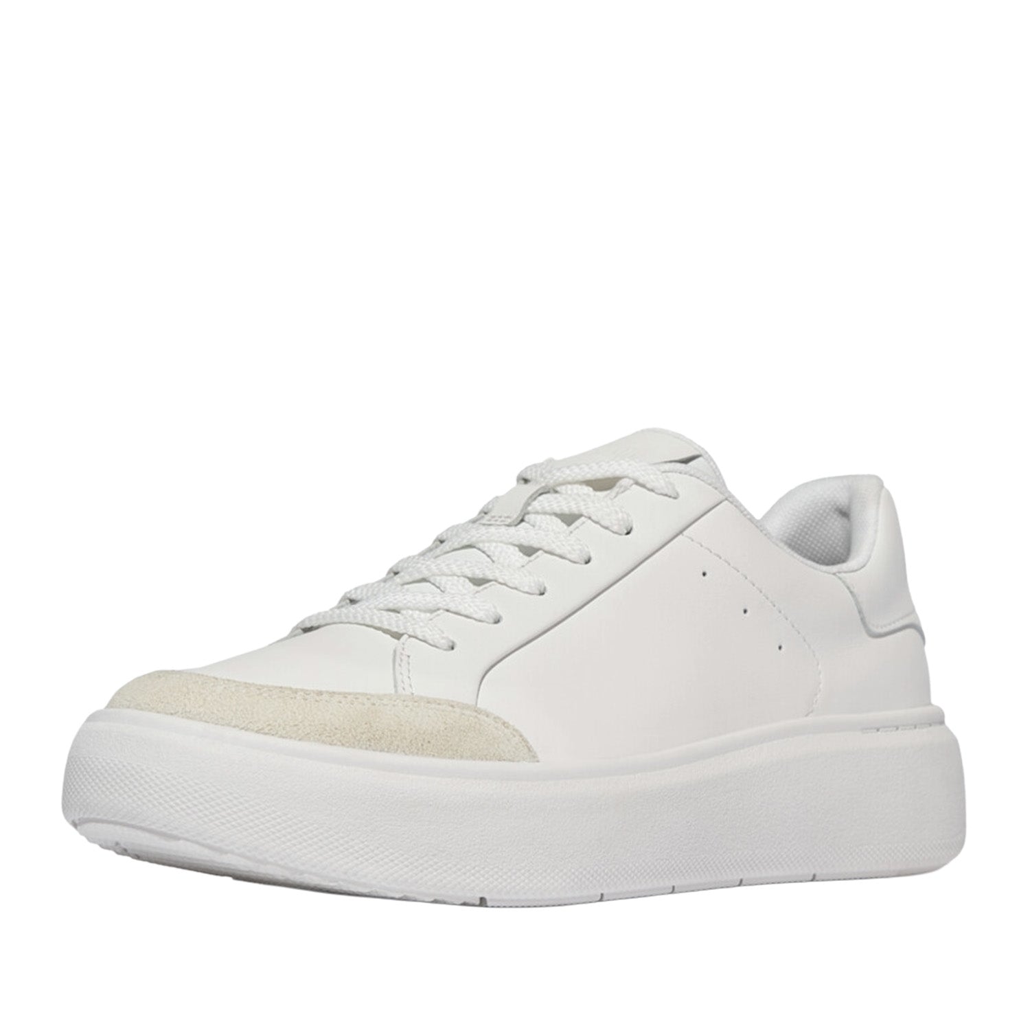 White leather lace-up fashion sneaker with beige suede detail at toe.