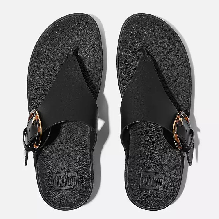 Fitflop Women's Lulu Resin Buckle Leather Toe Post Sandal in All Black