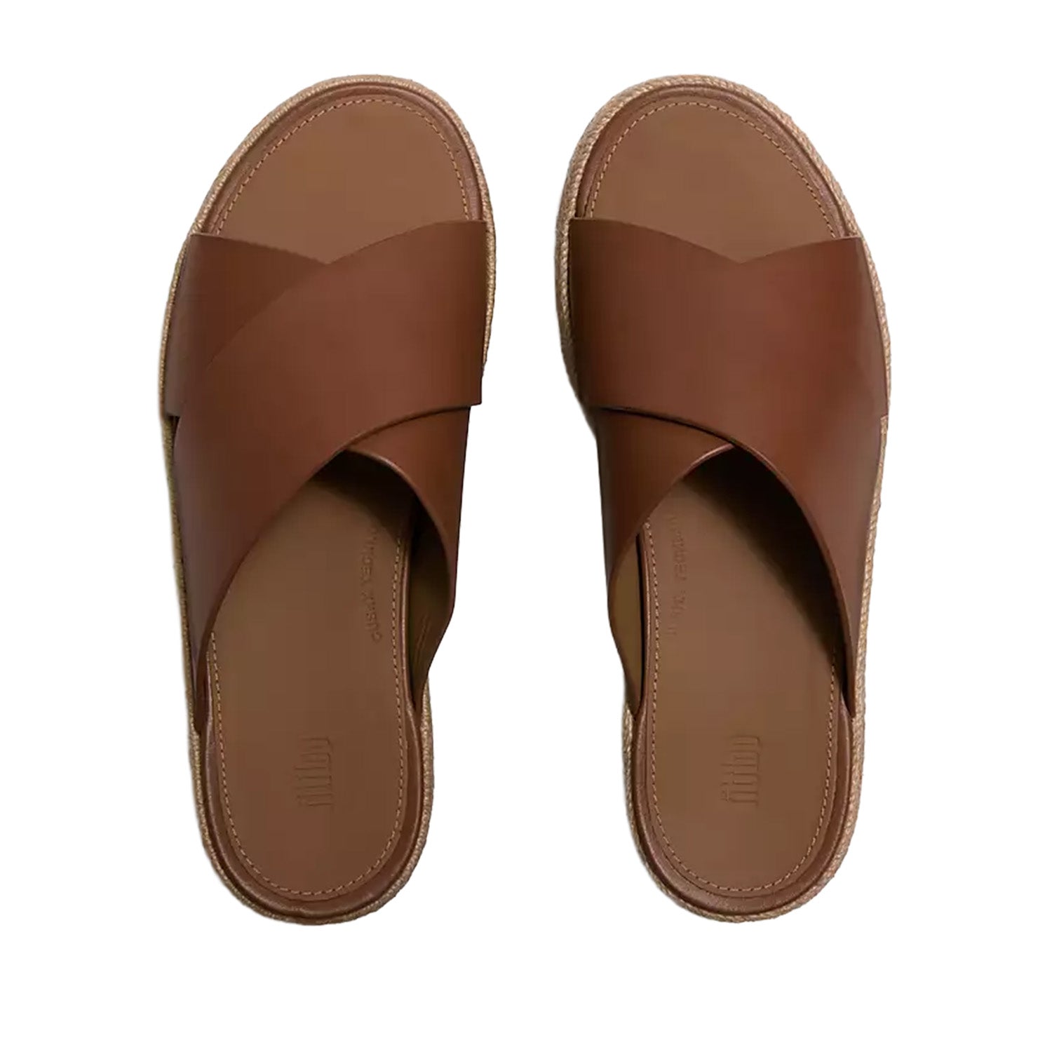 Brown leather platform espadrille wedge slide sandal with wide crossover straps