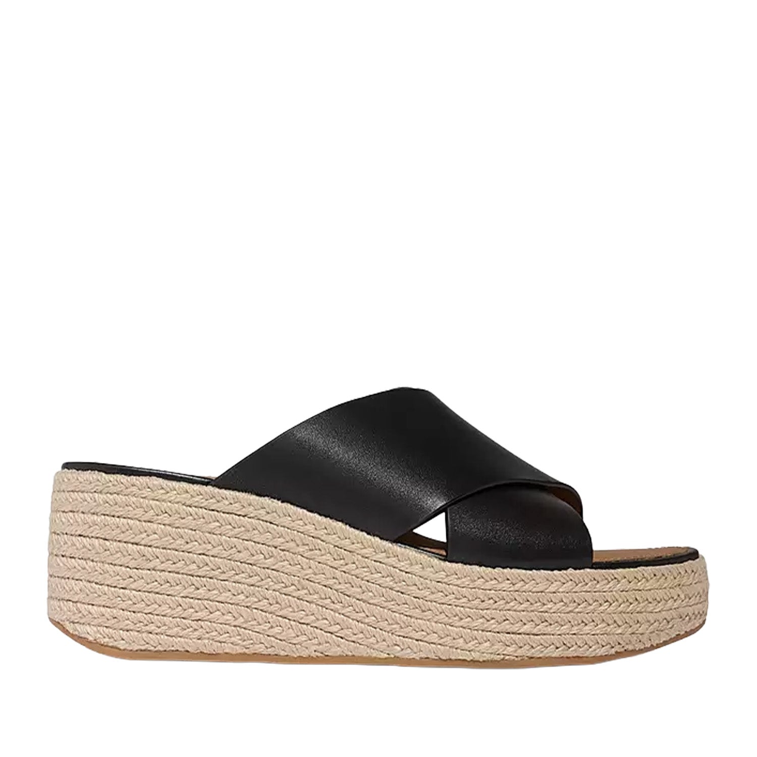Black leather platform espadrille wedge slide sandal with wide crossover straps