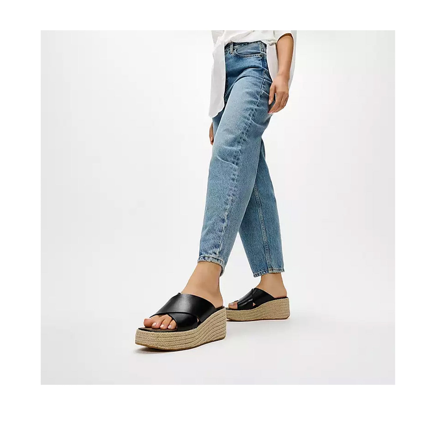 Black leather platform espadrille wedge slide sandal with wide crossover straps