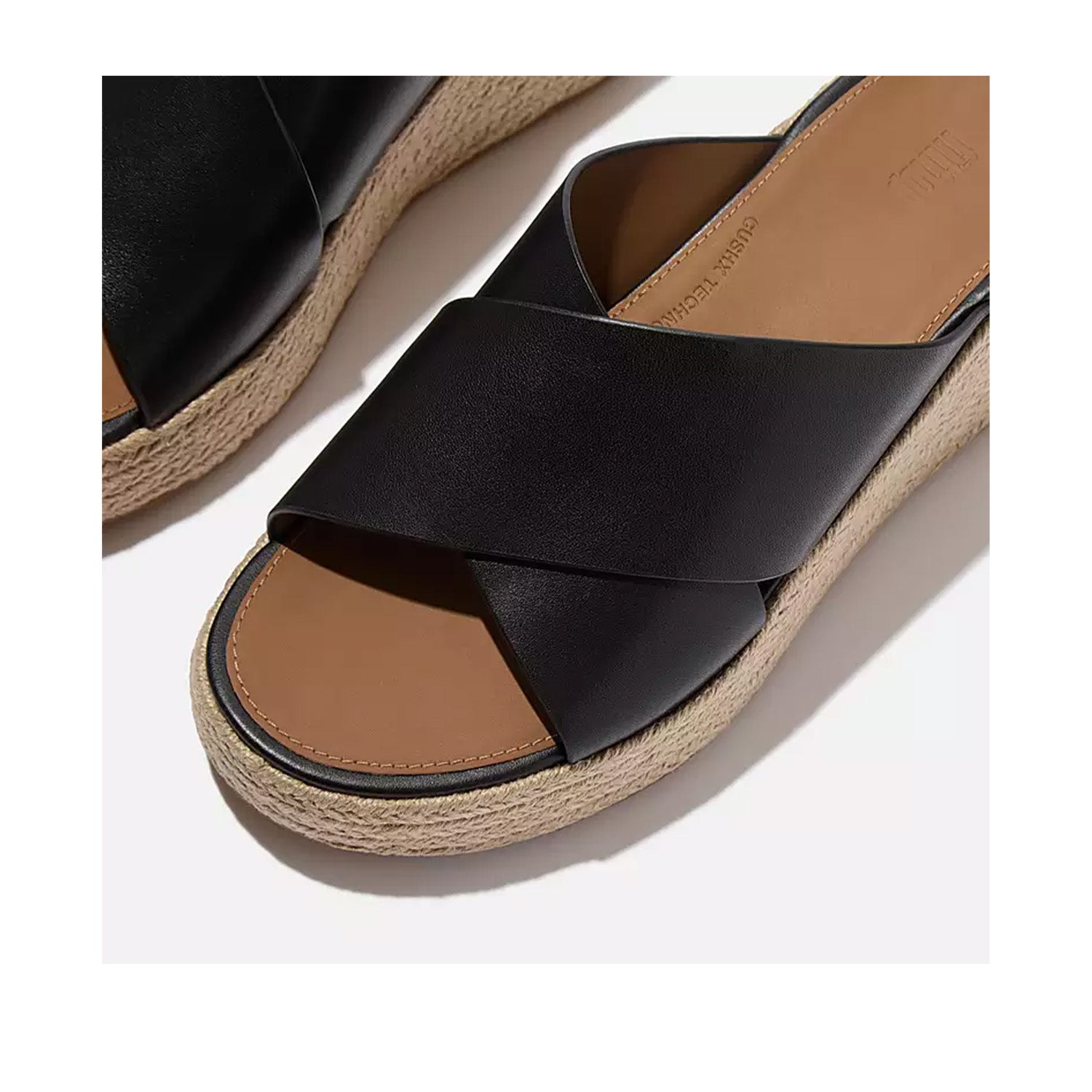 Black leather platform espadrille wedge slide sandal with wide crossover straps