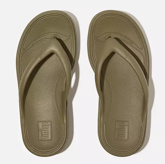 Muted green toe-post flip-flop sandal with low platform.