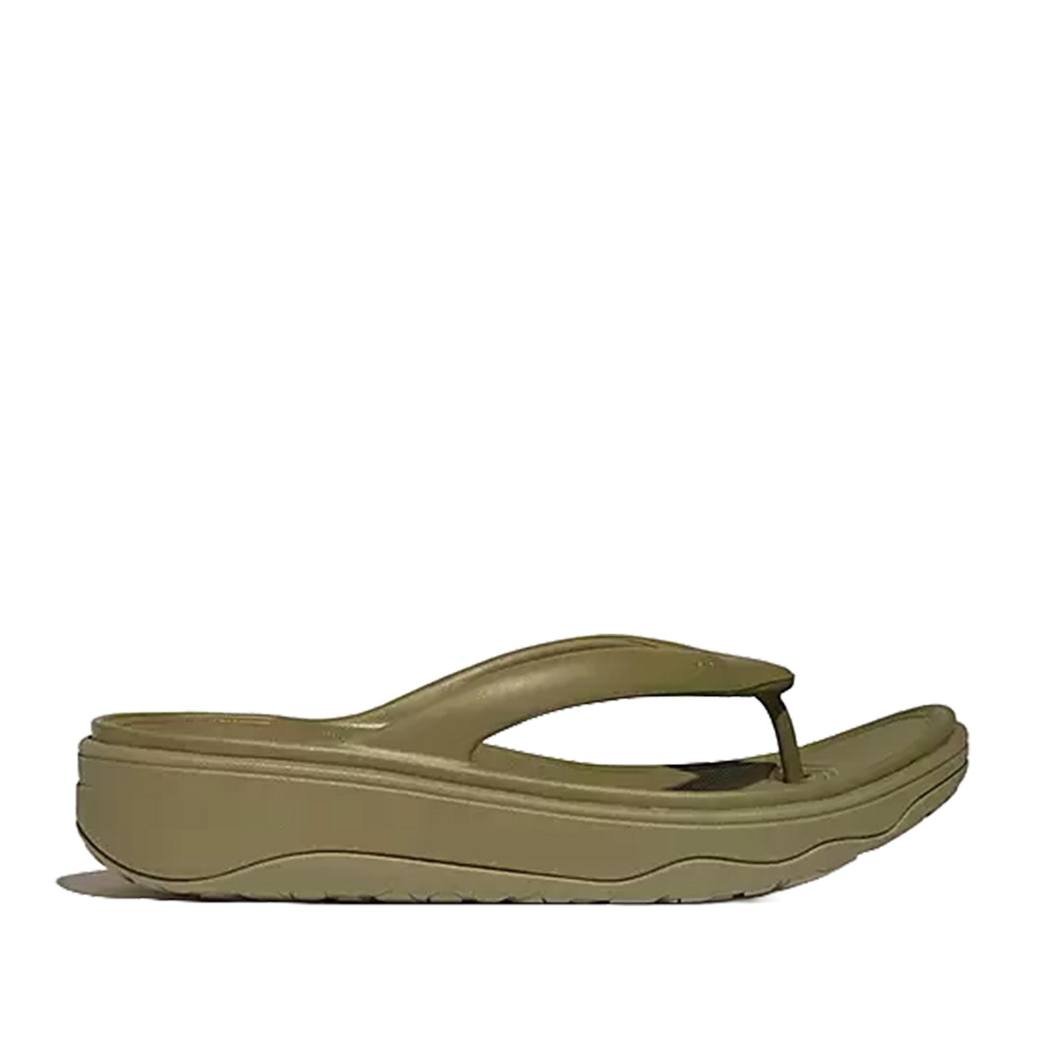 Muted green toe-post flip-flop sandal with low platform.