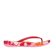 Red, pink and orange floral patterned toe-post flip-flop sandal. 