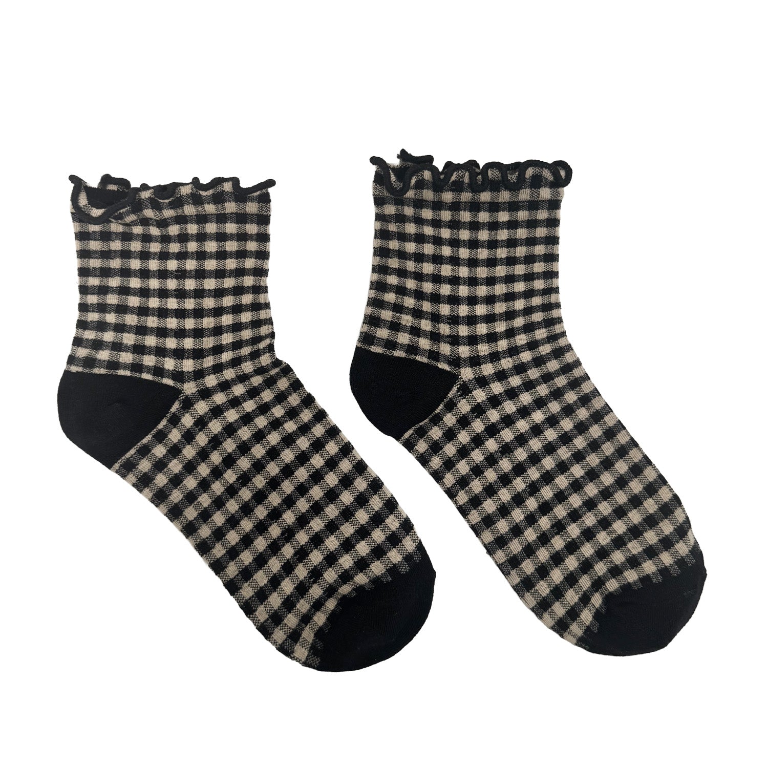 Pair of checkered gingham socks with black ruffle details on a white background