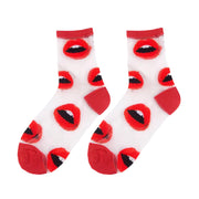 White socks with red lip designs on a white background