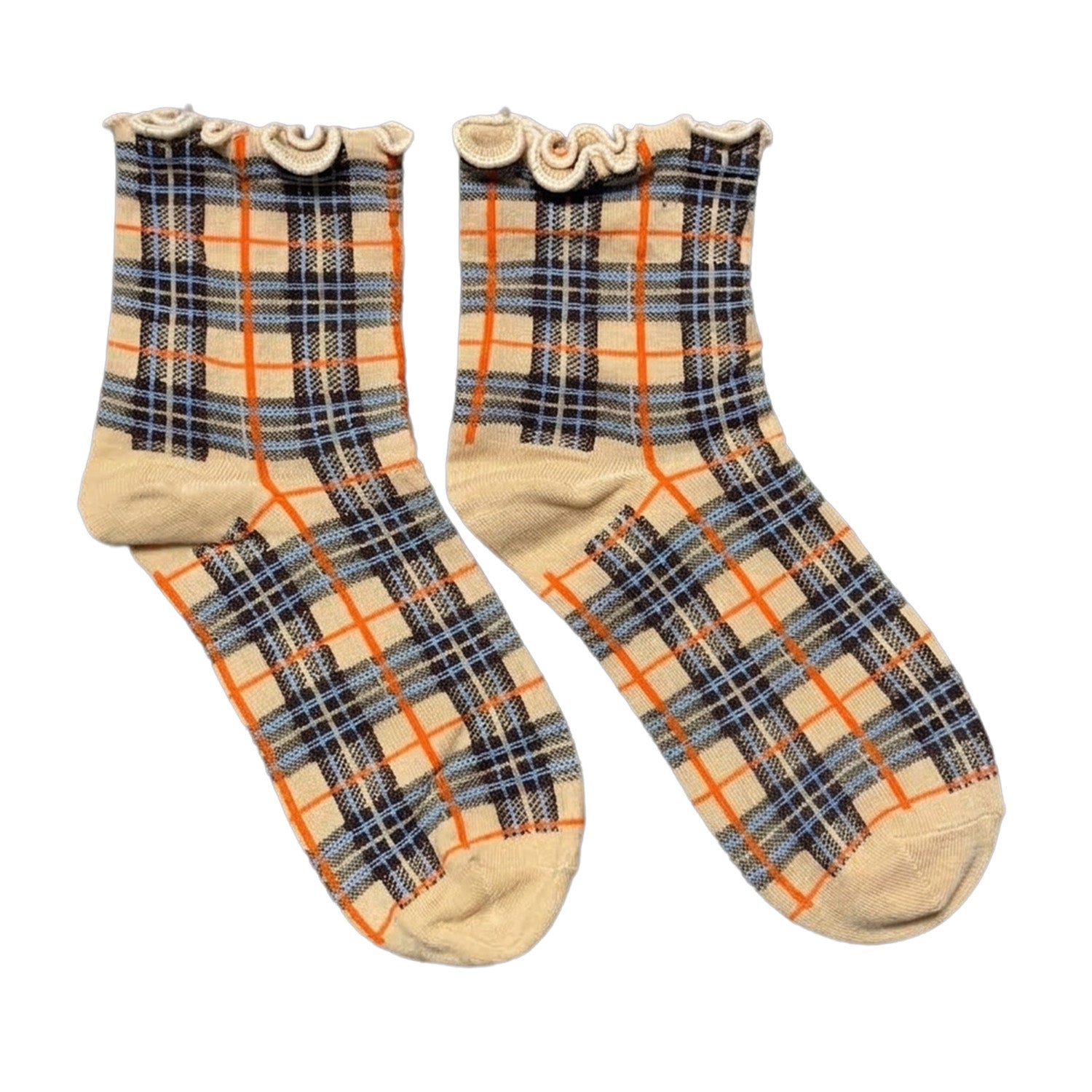 Plaid patterned socks on a white background