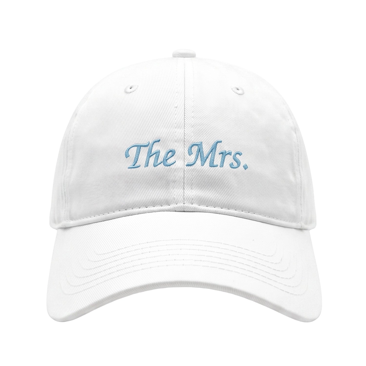 Embroidered white hat with "The Mrs." on a white background