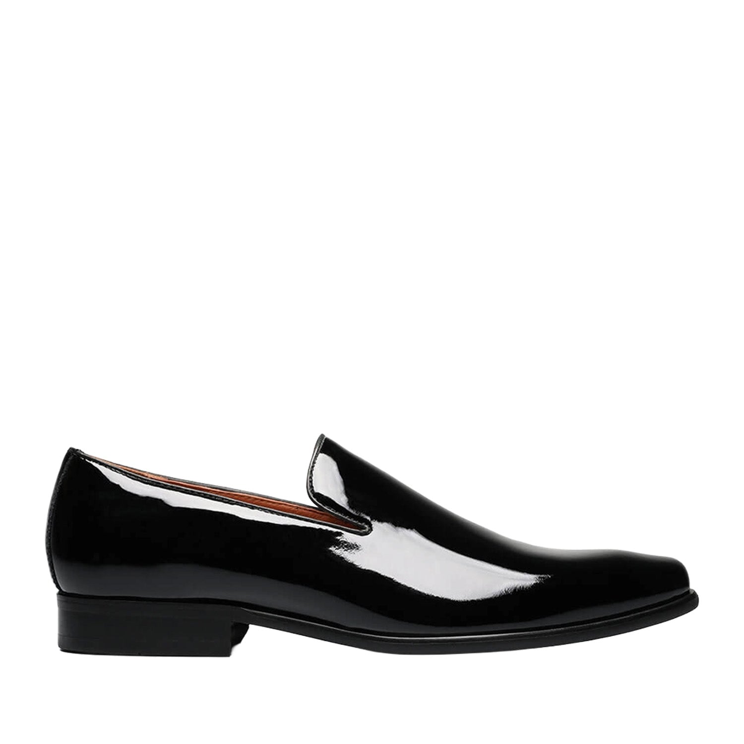 Black patent men's loafer on white background