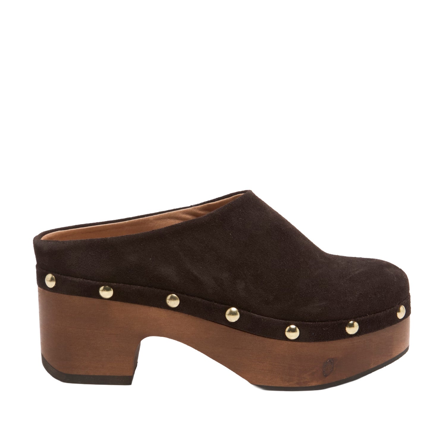 brown suede studded platform wooden clog mule on a white background
