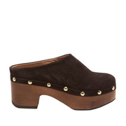 brown suede studded platform wooden clog mule on a white background