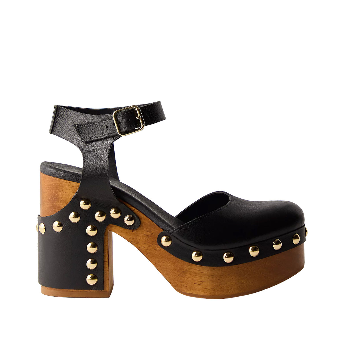 black leather studded clog sandal with a wooden platform heel on a white background