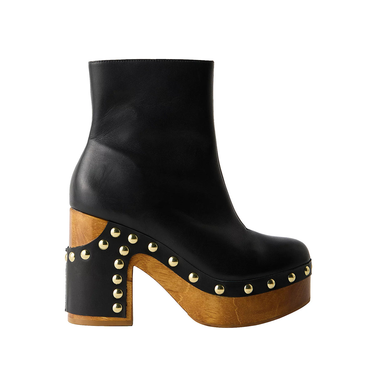 black leather studded boot with a wooden platform heel on a white background