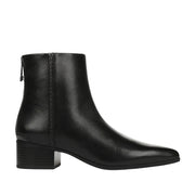 black leather pointed-toe block heel ankle boot on a white background