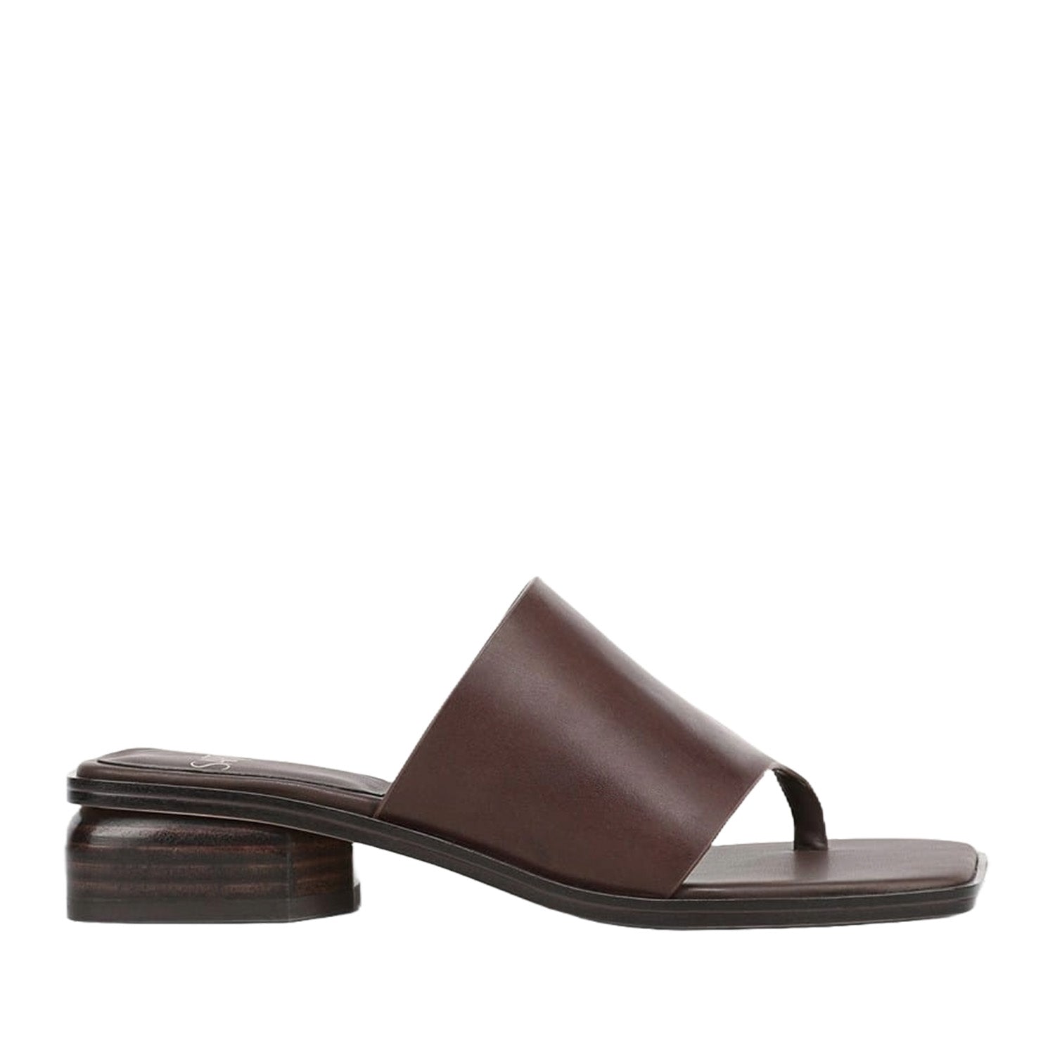 Brown leather slip-on toe post sandal with thick strap on upper shown on a white background