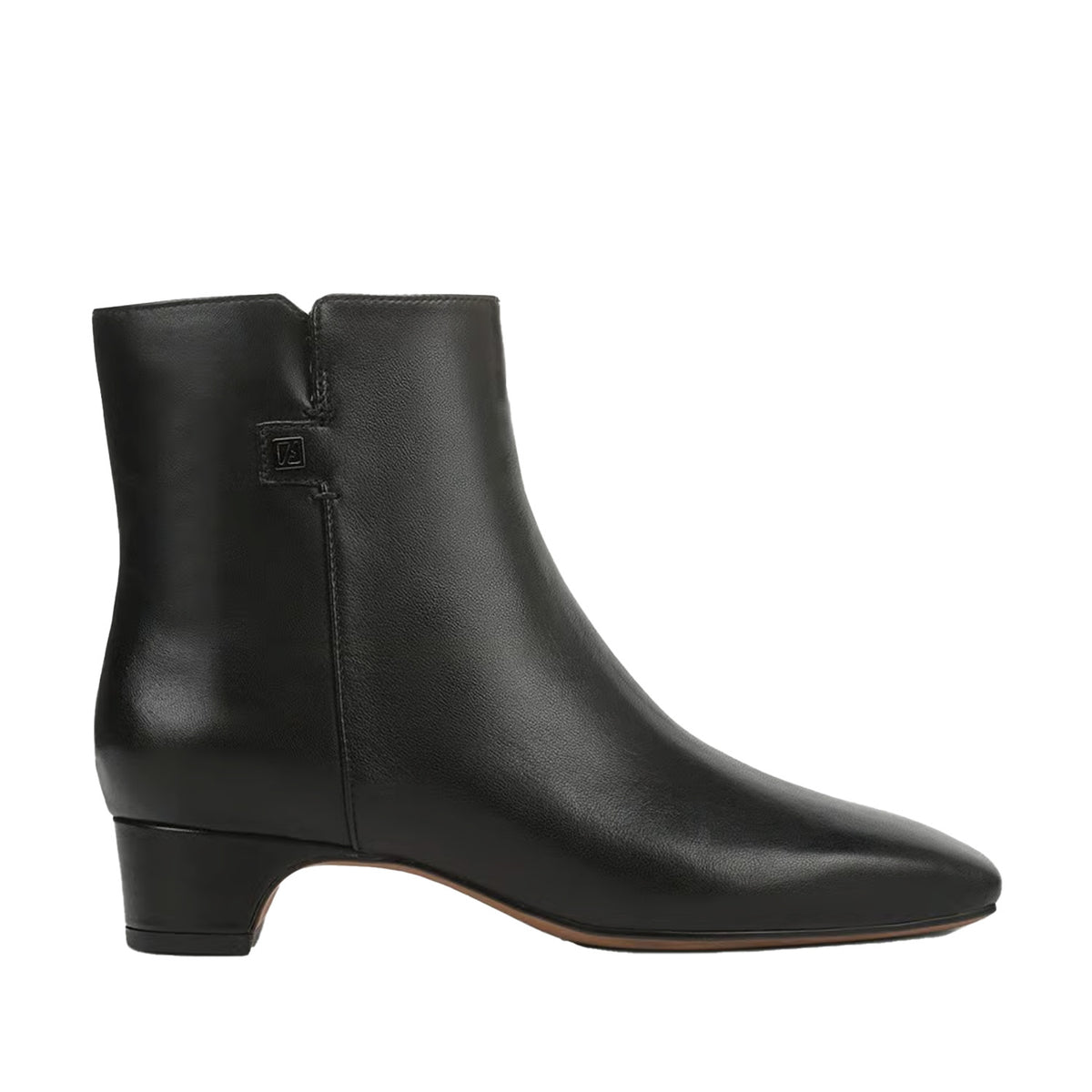 black leather square-toe block heel ankle boot on a white background