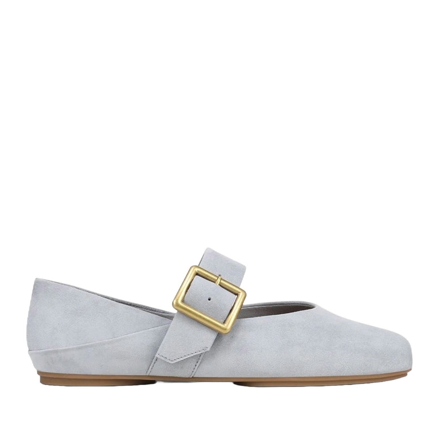 Light blue suede mary-jane with an adjustable oversized buckle detail on a white background 