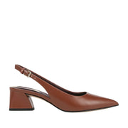 brown slingback pointed-toe block heel on a white background