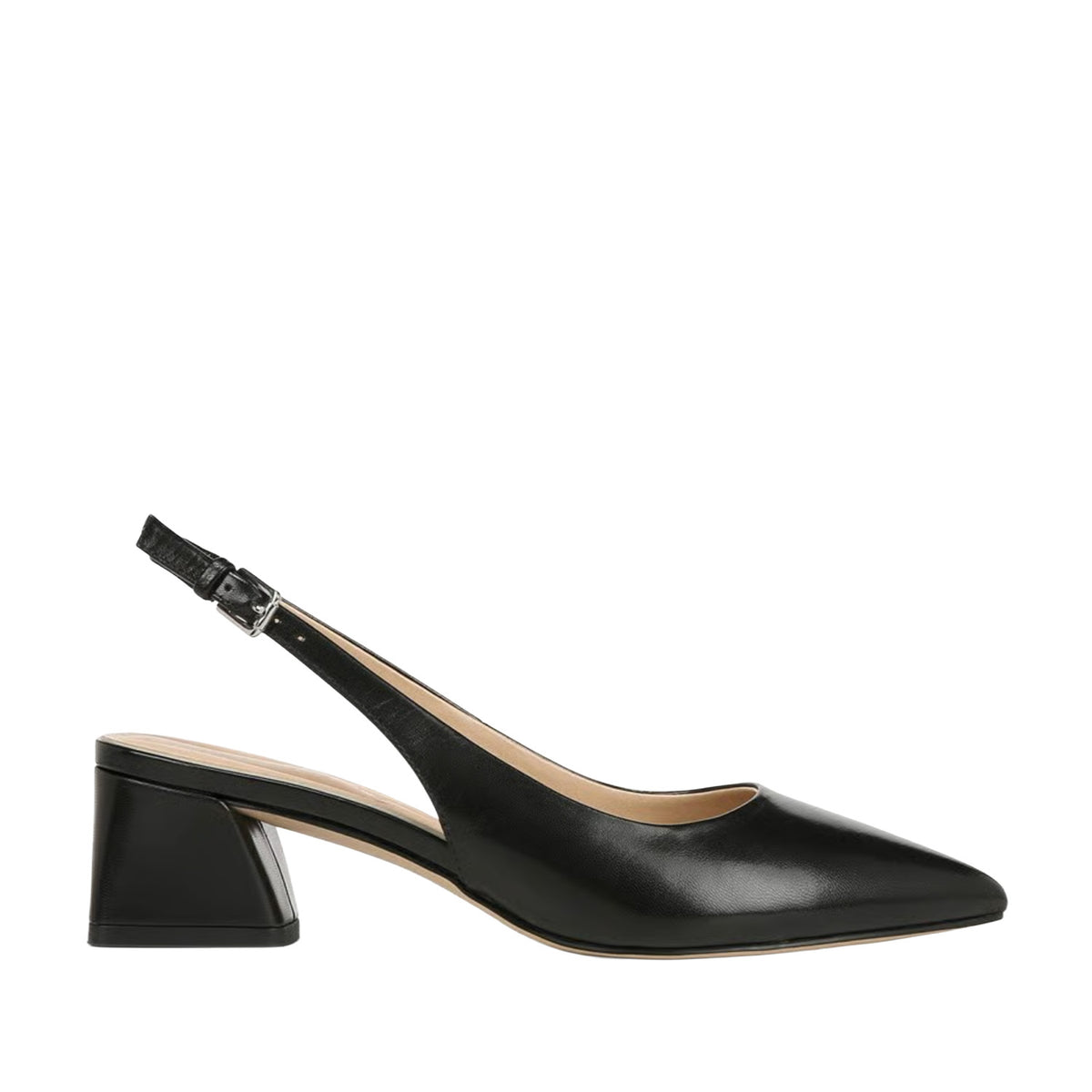 black slingback pointed-toe block heel on a white background