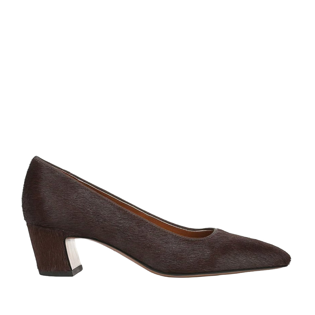 brown pony hair square-toe block heel pump on a white background