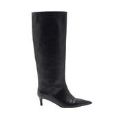 black leather knee high kitten heel ankle boot on a white background