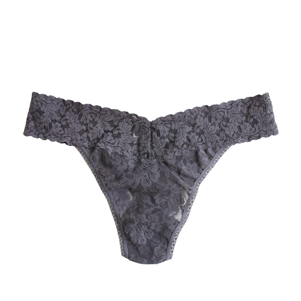 grey lace thong on a white background