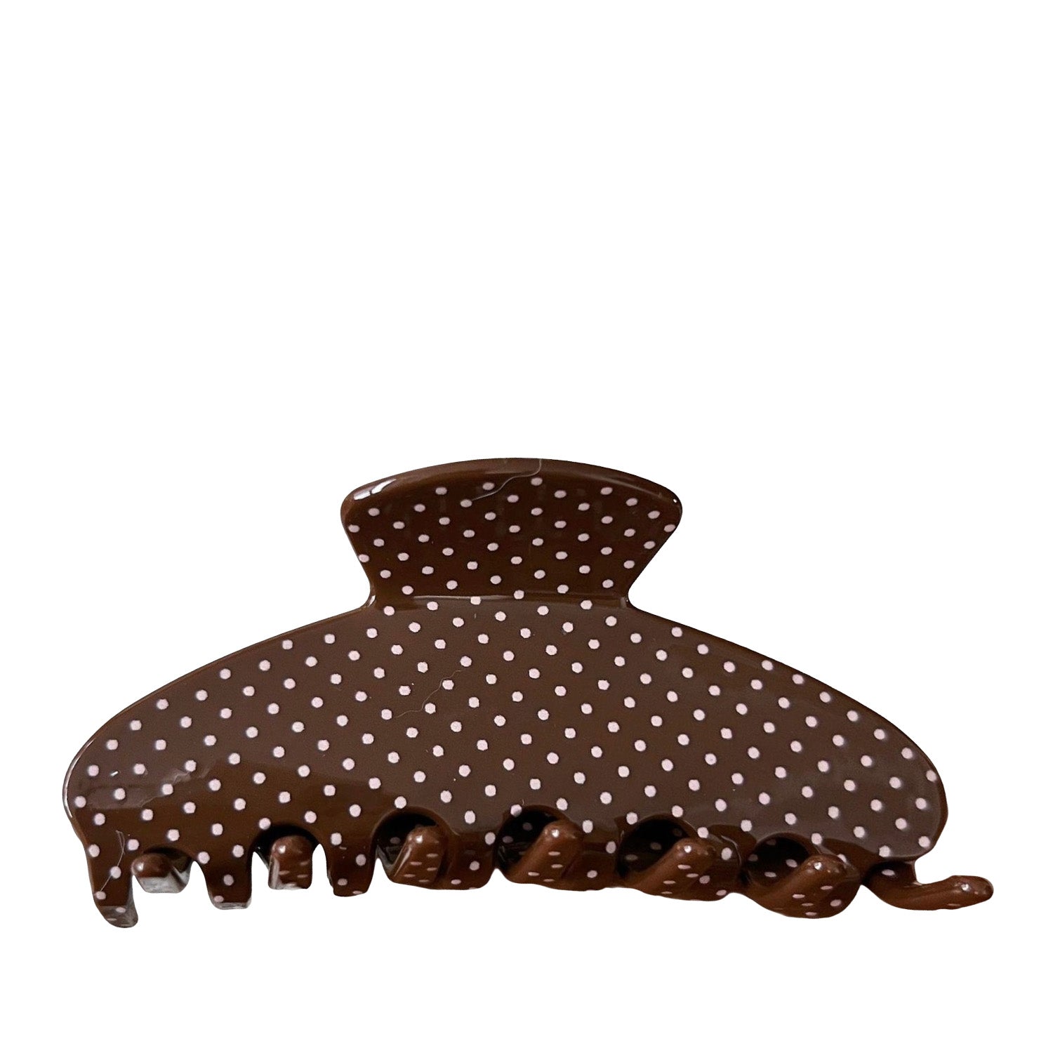 brown polka dot patterned hair claw clip on a white background