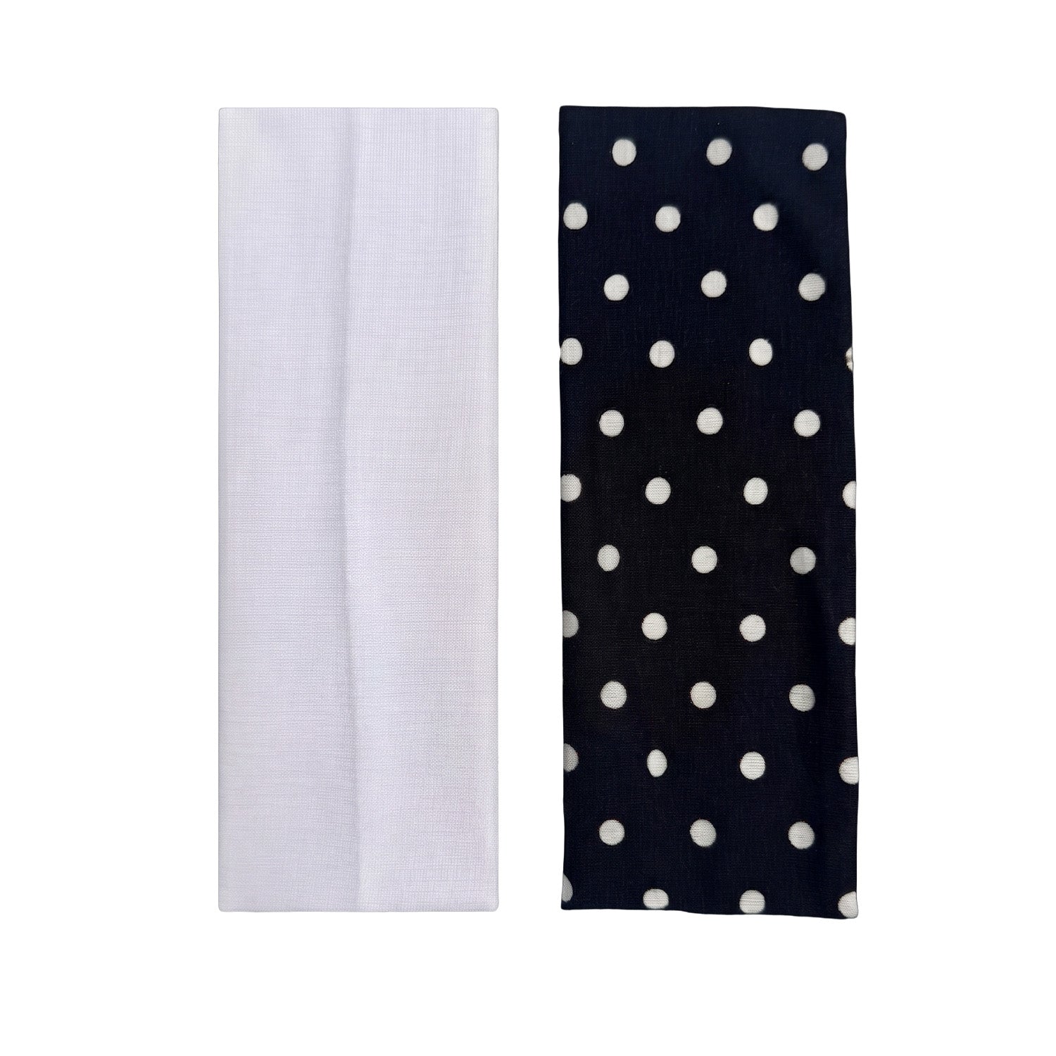 solid white headband and black headband with white polka dots on a white background