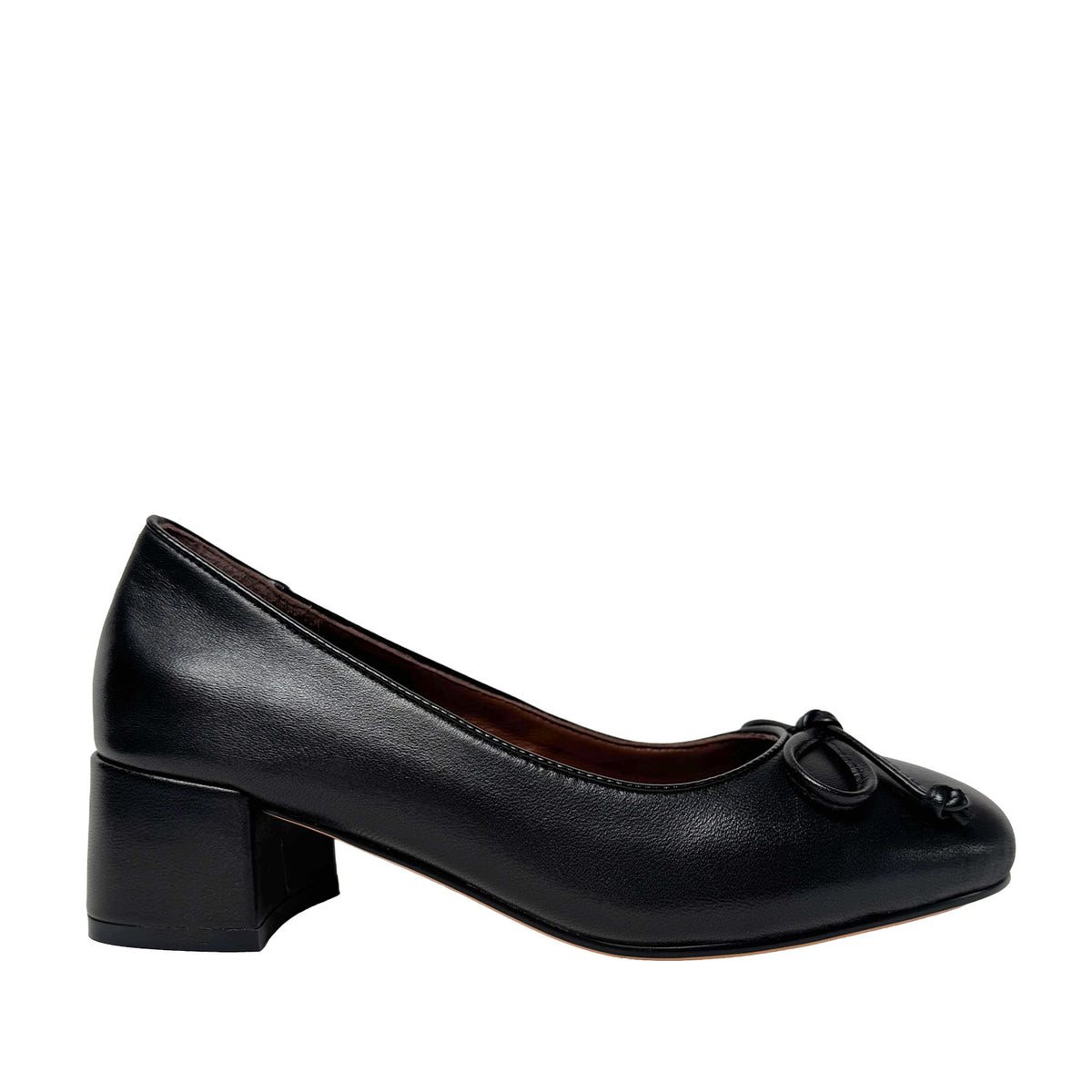 black leather block heel pump with bow detail on a white background